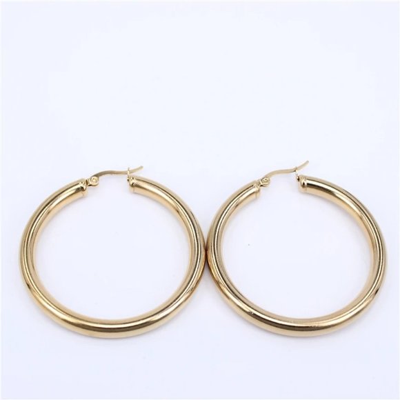 NEW 18K Yellow Gold Round 2'' Tube Hoop Earrings - Picture 8 of 9